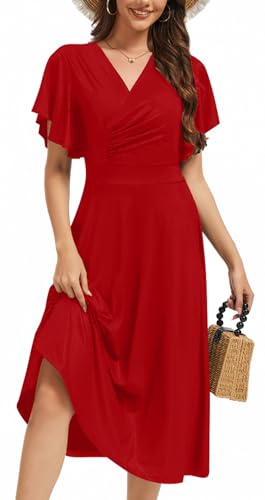 Image of DinyIn Red A Line Dress for Women Summer Short Sleeve Waist Midi Dresses Casual Wrap Ruffle Wedding Guest Party Outfits