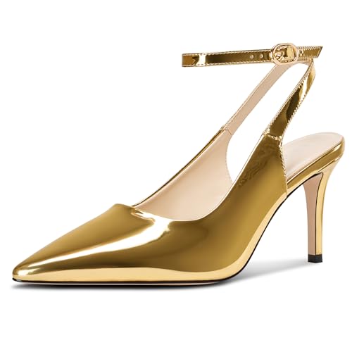 DearOnly Womens Pointed Toe Closed Slingback Stiletto High Heels Ankle Strap Party Pumps Patent Leather Dress Shoes 3.2 Inches Heels
