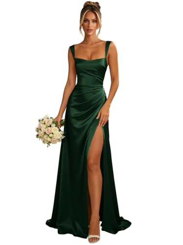 Fluens Satin Bridesmaid Dresses A Line Long Formal Dress Emerald Green US0