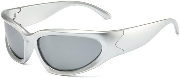 Y2K Wrap Around Fashion Sunglasses Silver Oval Shades Sports Sun Glasses Cyber Aesthetic Eyewear for Women Men Outdoor (Color : Silver, Size : Yumomo)