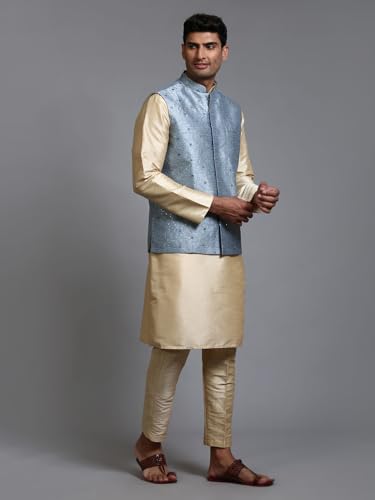 Image of VM Men's Grey And Cream Silk Blend Jacket, Kurta and Pyjama Set