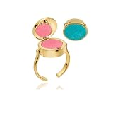 ZenVib Lip Balm Ring For Women, Vintage Adjustable Opening With Lipbalm Storage Enamel Flip Cover Design Unique Lipstick Ring Gift Jewelry (Turquoise Gold)