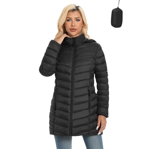 ZMC Packable Women Puffer Coat, Lightweight Water-Resistant Puffer Jacket Detachable Hood Slim-Fit Winter Coat