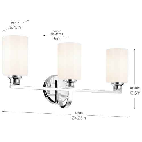 Image of Kichler Gioe 24.25 inch 3-Light Bathroom Vanity Light Fixture with Opal Glass in Chrome, Damp Rated Modern Wall Mount for Mirror, Powder Room (24.25 inch W x 10.5 inch H), 55226CH
