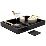 Juvale Wooden Serving Tray - 15.7 x 11.8 x 3.1 in, Black Rustic, Includes 2 Coasters - Decorative Tray with Interchangeable Gold & Silver Handles - Sofa & Ottoman Use, Coffee Table Decor