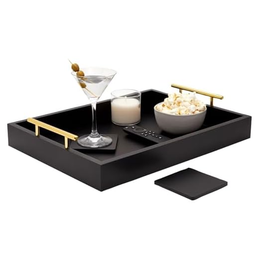 Black Serving Tray for Coffee Table, 16x12 with Coasters, Decorative Interchangeable Gold andSilver Handles