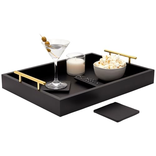 Bandeja de madera negra con asas y posavasos (39,8 x 30 x 7,6 cm), color negro