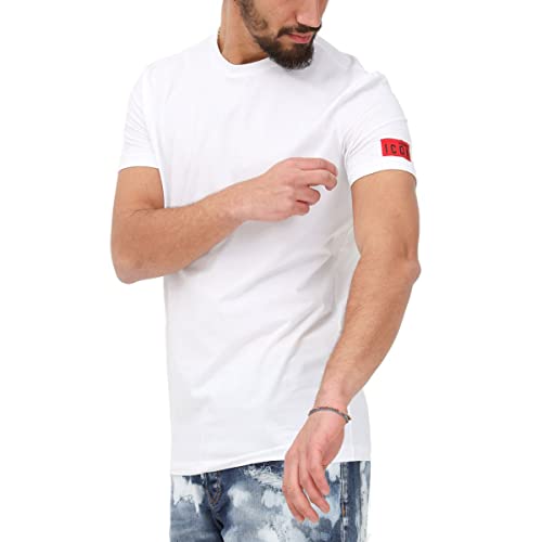 T-shirt Dsquared da uomo a tinta unita in colorazione bianco con toppa con logo sulla manica in contrasto di colore