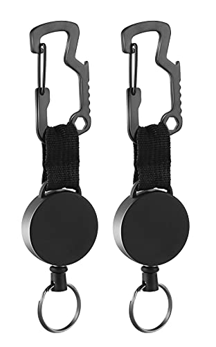 Schlüsselanhänger Ausziehbar, Einziehbarer SchlüSselband mit Multitool Karabiner, Ausweishalter JoJo mit Ausziehbar Stahlseilbis zu 63 cm, Schlüsselkette Schwarz 2 Stücke