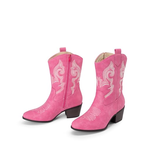 Image of DREAM PAIRS Mid Calf Cowboy Cowgirl Boots for Women | Round Toe Western Boots, Chunky Low Heel, Embroidery Boot, Country Music Festivals Theme Party
