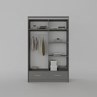MN Furniture Derry High Gloss & Mirror Sliding Doors Wardrobe with Long Led Light and Bottom Drawers (Grey, 150cm)