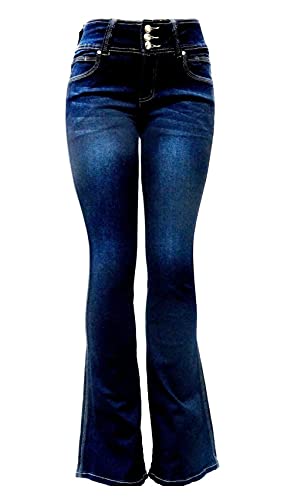 Jack David Womens Junior 70s Trendy Slim Fit Flared Bell Bottom Denim Jeans Pants (0, Jack David Hi Waist Dark Blue Flb925.)