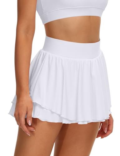 Image of UrKeuf Women's Athletic Tennis Skirts with Pockets 13in Ruffle Golf Running Workout Ice Silk Flowy Skorts with Sports Shorts