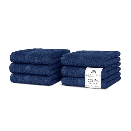 Image of Villa Celestia Cotton Washcloths Set of 6, 12x12 Inch, 100% Ring-Spun Combed Cotton, Soft Absorbent Quick-Dry Wash Cloths for Face and Body, Oeko-TEX Certified, Hotel & Spa Quality, Navy Blue