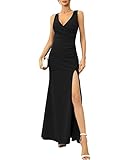 LARHUE Women Formal Dress Women Sleeveless V Neck Slit Evening Gown Plus Size（Black，XL）