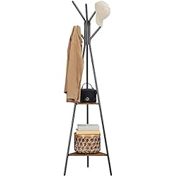 Perchero Tripode Madera VASAGLE Perchero de pie, perchero, mueble de entrada, estilo industrial, con 2 estantes, para ropa, sombreros, bolsas, marrón rústico y negro RCR16BXV1