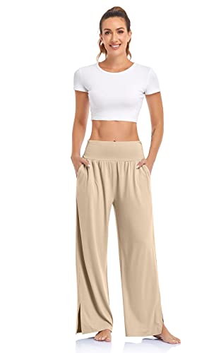 Ueu Womens Wide Leg Yoga Pants High Waist Adjustable Tie Knot Joggers Casual Loose Comfy Lounge Pajama Sweatpants With Pockets (Light Khaki, M) #TOP1