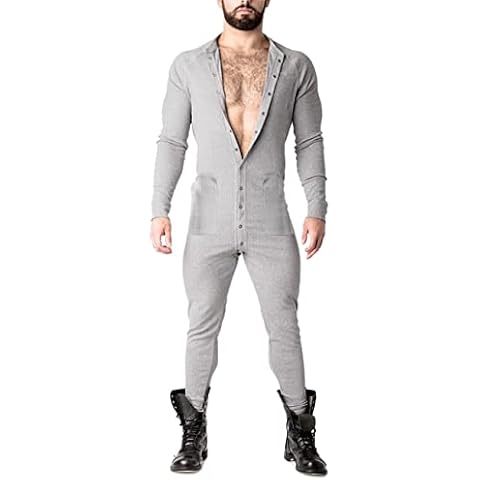 Muscle Alive Mens Long Sleeve Onesie Henley Jumpsuit Stretchy Cotton Ramper Grey XL Cover