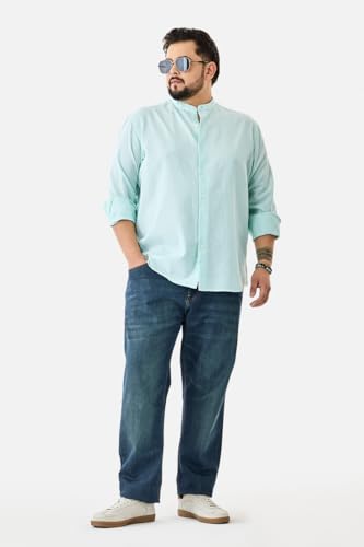 Image of SNITCH Men Casual Plus Size Shirt | Regular Fit Full Sleeve Mandarin Collar Striped Design | Premium Cotton Linen Blend & Breathable Fabric for Office & Everyday Wear