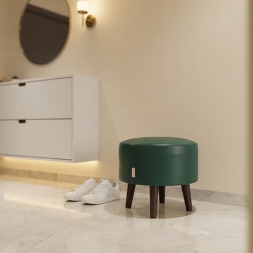 Image of Stool Ottoman Pouffes for Living Room, Kitchen, Home, Office Furniture with Soft Cotton Canva Cushion Mudda Footrest Stool for Chair Sofa Bed Dressing, Green Leather (14 Inch Pack of 1)