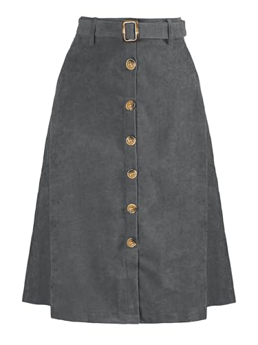 Image of Allegra K Women's High Waist Midi Skirts A-Line Button Front Belted Corduroy Skirt Grey XL