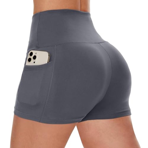 Image of InfiniZer Women's Gym Shorts with Pockets High Waisted Sports Hot Pants Tummy Control Cycling Short Anti Chafing Mini Shorts for Ladies (S/M, Dark Grey)