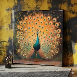 Décoration murale en toile avec plumes de paon coloré oiseau 40x40cm