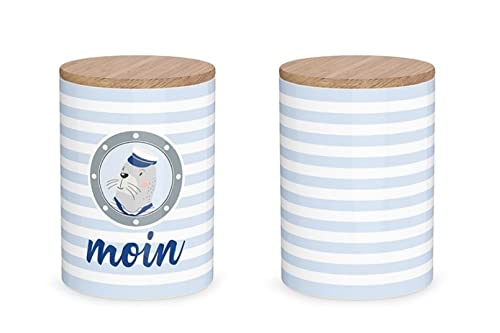 LaVida - 3088221 - Porzellandose, Maritim, Moin,15,5cm x 11cm, Holzdeckel, luftdicht, 1000ml