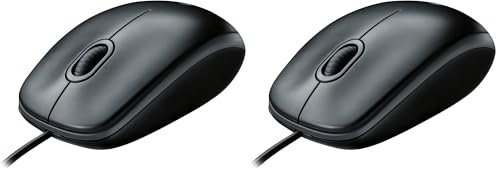 Logitech B100 Wired USB Mouse, 3-Buttons, Optical Tracking, Ambidextrous PC/Mac/Laptop - Black (Pack of 2)