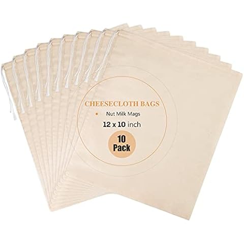 Chielor 10 Pack Nut Milk Bag, 10‘’ x 12‘’ Fine Mesh Grade Reusable Cheesecloth Bags Strainers, Unbleached Organic Cotton Filter Bags for Almond Milk, Juices, ColdBrew, Cheese, Tea, Yogurt, Coffee Cover