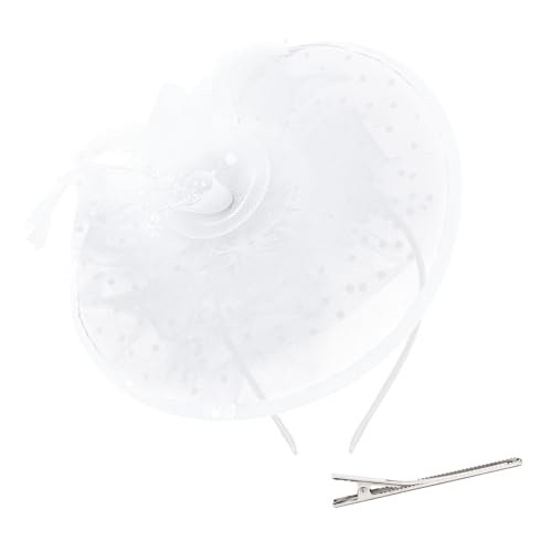 YISSION Elegant White Fascinator Hat for Women - Polka Dot Mesh Feather Headpiece with Headband and Clip for Wedding Tea Party Cocktail Church Races Costume Party
