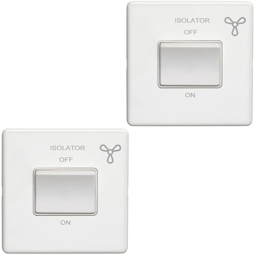 2 PACK SCREWLESS 6A Extractor Fan Isolator Switch MATT WHITE 3 Pole Shower - 230V Bathroom Wetroom Fan Switch Wall Plate