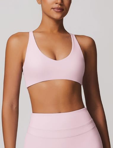 Image of ABOCIW Womens V Neck Twist Back Sports Bra Padded Low Impact Fitness Yoga Bra Workout Crop Top