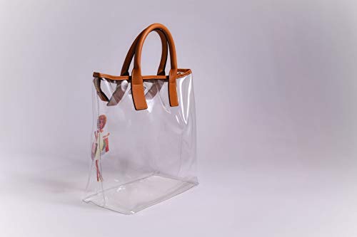 Regular Ren Women's Genuine Leather, Character Printed Tote Bag With Solid Brown Cosmetic Pouch Combo Set (Clear, 12"X6"X12") #TOP2