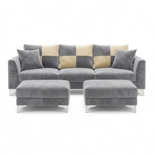 Image of Juliet 4 Seater L Shape Sofa Set with Movable Ottomans | Flexible Layout | Rich Velvet Suede Fabric | Silver Legs | Modern Sofa for Living Room (Light Grey)