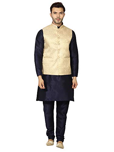 Image of Uri and MacKenzie Men's Silk Blend Regular Kurta Churidar Pyjama with Bundi Nehru Jacket /Waistcoat