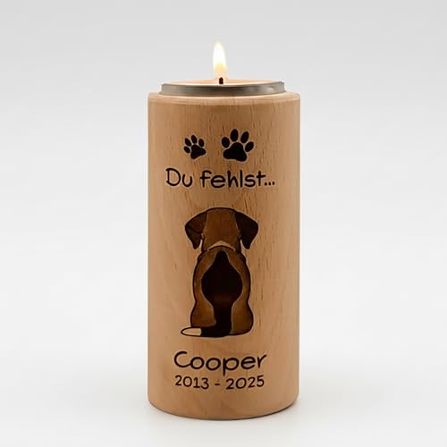 Trauerlicht Hund personalisiert aus Holz, rund &Oslash; 5 cm, H&ouml;hen 6&ndash;16 cm, mit Gravur von Hunderasse, Name und Daten &ndash; Gedenklicht als Erinnerung f&uuml;r verstorbene Hunde (10 cm)