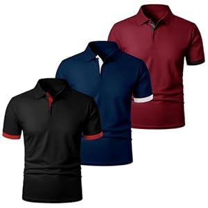 Lot de 3 Polos à Manches Courtes en Coton pour Homme Coupe ajustée, Polo pour Homme Rouge + Bleu Marine + Noir, 4XL