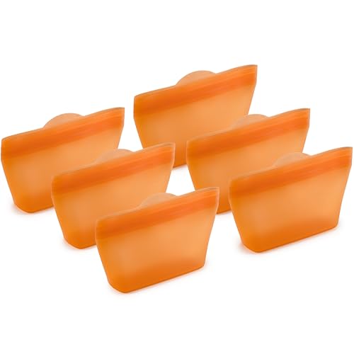 Home Logic Reusable Snack Bags - Set of 6 Firecracker Orange Silicone Freezer Bags, Airtight Leak Resistant Reusable Zip Bags for Kitchen Home Food Prep, Microwave & Sous Vide Safe