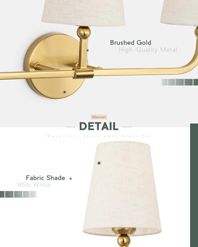 Image of 3-Light Bathroom Light Fixtures, Brushed Gold Vanity Lights with Linen Fabric Shade, Modern Sconces Wall Lighting for Hallway Bedroom, Upward Lighting, VL837-BG-A-3