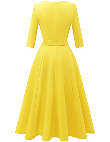 Dresstells Vintage Tea Dress For Women, 1950S Cocktail Party Dresses, Modest Bridesmaid Dress For Wedding Guest, 3/4 Sleeve Formal Aline Church Dress, Fit Flare Prom Dress Yellow L #TOP2