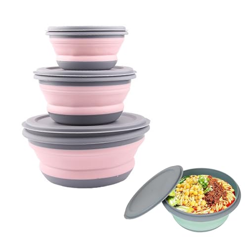 CTForest Set di 3 Ciotole Pieghevoli, Contenitori per Alimenti in Silicone, Ciotola Insalatiera Da Viaggio Pieghevole, Ideali per l'escursionismo in Campeggio(Rosa)