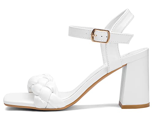 Greatonu Women's Braided Heeled Sandals Square Open Toe Summer Block Heels Dressy Sandals White Size 8 #TOP1