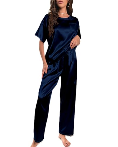 Rayson Pijama Mujer de Satén Conjunto de Pijama Manga Corta con Bolsillo y Pantalón Largo Verano Elegante Pijamas de Seda Suave Ropa de Dormir 2 Piezas S-XL(Azul Marino,XL)