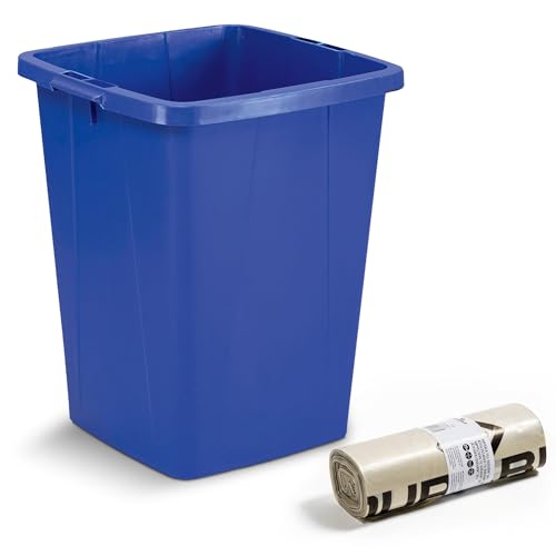 Durabin - Bolsas de basura duraderas de 110 L, paquete de 25 unidades y 90 L, resistentes bolsas de plástico reciclado de 35 micras y cubo de basura azul abierto para el hogar, oficina, escuela