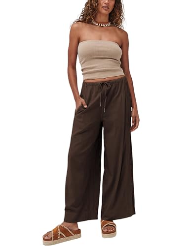 Faleave Women's Linen Palazzo Pants Summer Wide Leg High Waist Casual Lounge Pant Trousers with Pocket