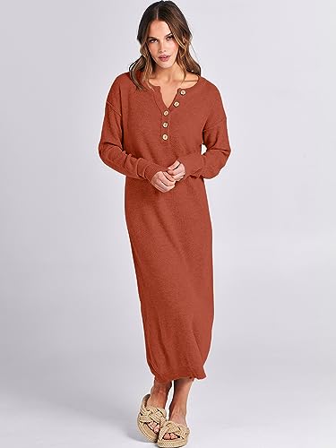 Image of ANRABESS Women Long Sleeve Button V Neck Oversized Casual Loose Fit Waffle Knit Fall Midi Sweater Dress 2026 Trendy Outfits