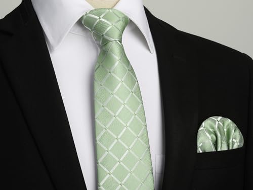 HISDERN Sage Green Ties for Men Ties Plaid Necktie with Pocket Square Set Men's Formal Satin Checked Neck Tie Handkerchiefs Solid Color for Wedding - Thumbnail 4