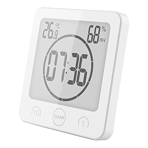 VORRINC Badezimmeruhr Digital Wecker Bad Uhr, Shower Clock mit Saugnapf LCD Display, Baduhr, Luftfeuchtigkeit Temperatur Wanduhren, Countdown Timer Für Dusche Küche (Weiß) Cover