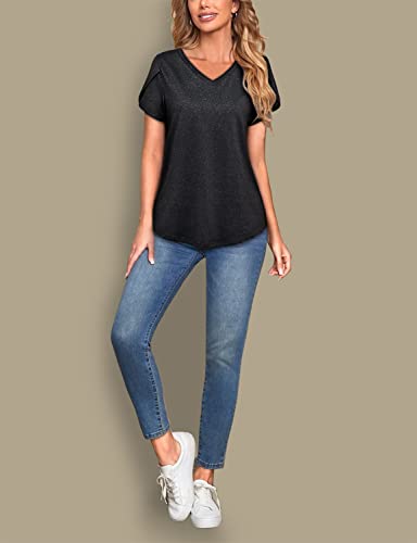Miss Fortune Womens V-Neck Short Sleeve Activewear T-Shirt Petal Sleeve Casual Athletic Moisture Wicking Fitness Tops Black 3Xl #TOP3